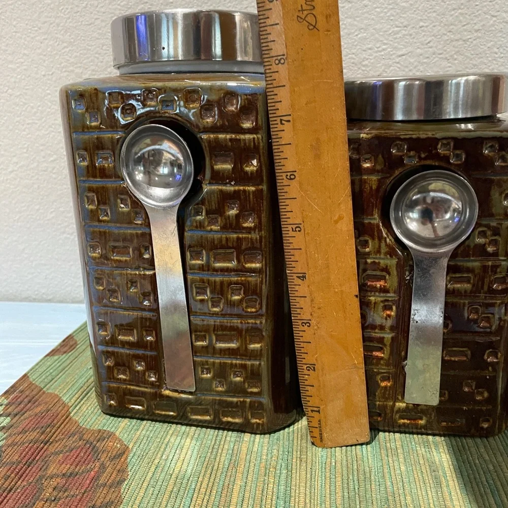 Vintage Pier One Set of 3 Brown Stoneware Canisters Set MCM Reactive Glaze 3…